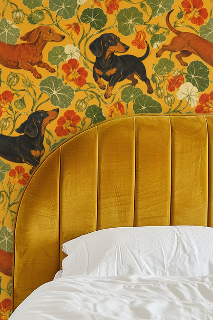 Wallpaper pattern showing black and rust-colored dachshunds with orange nasturtium flowers and green leaves on goldenrod background.
