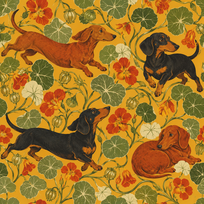 Overall wallpaper repeat highlighting balanced composition of dogs, leaves, and flowers. 