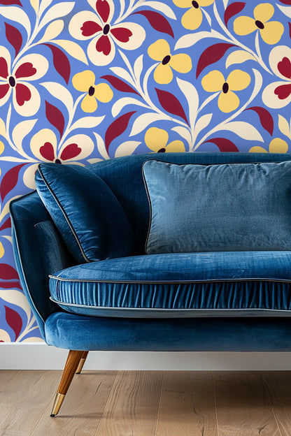 Original artwork showing floral wallpaper in blue, cream, maroon, and yellow with heart-shaped petals