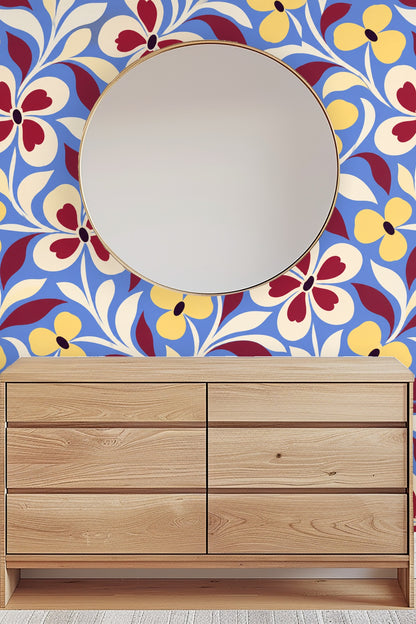Midcentury Folk Flora wallpaper shown in an interior setting