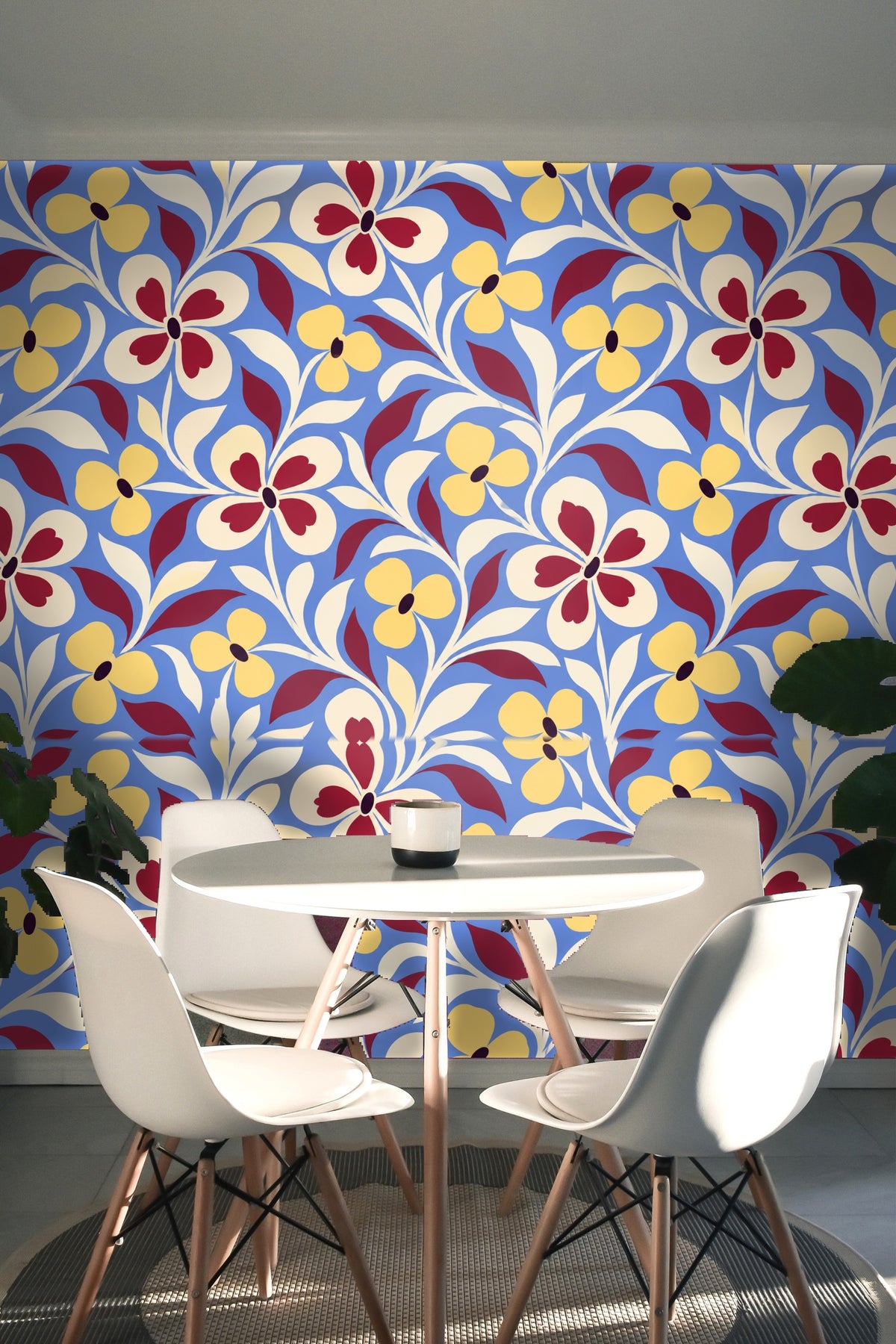 Midcentury Folk Flora wallpaper shown in an interior setting