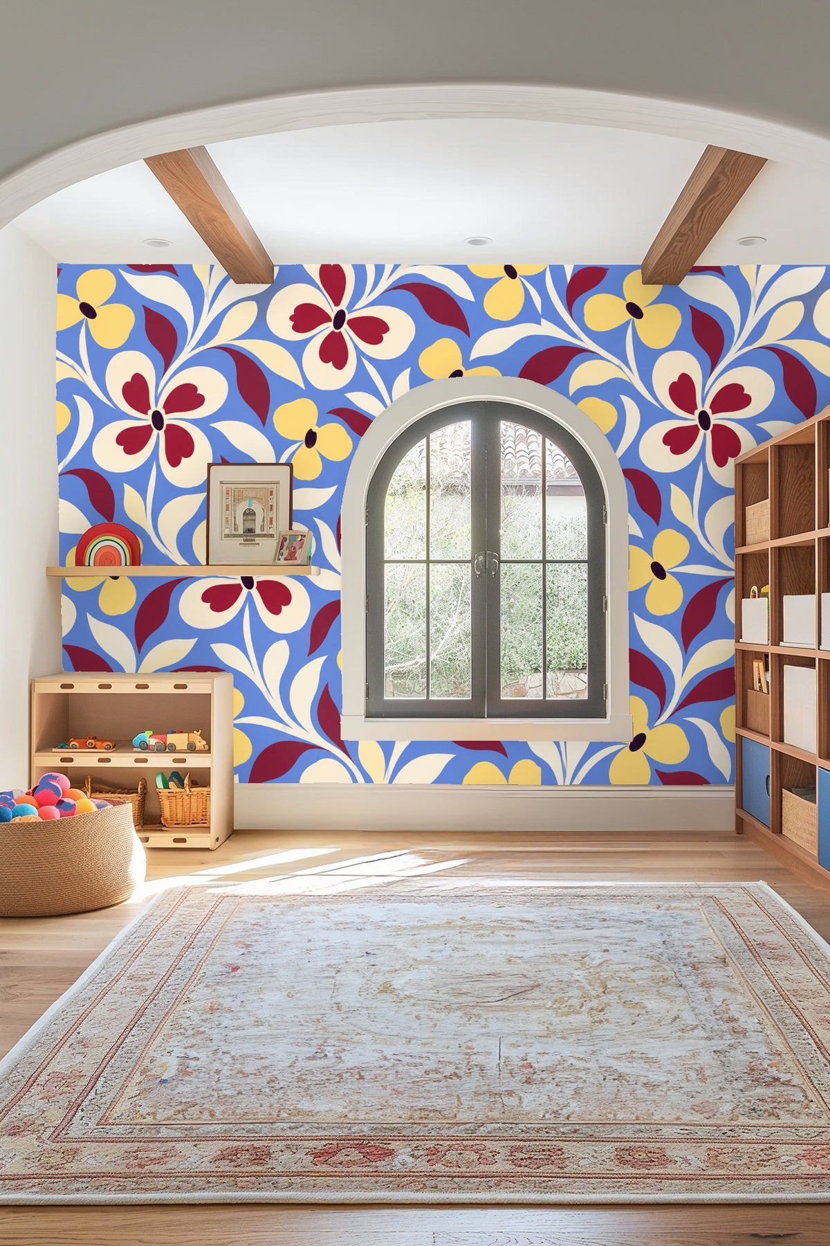 Midcentury Folk Flora wallpaper shown in an interior setting
