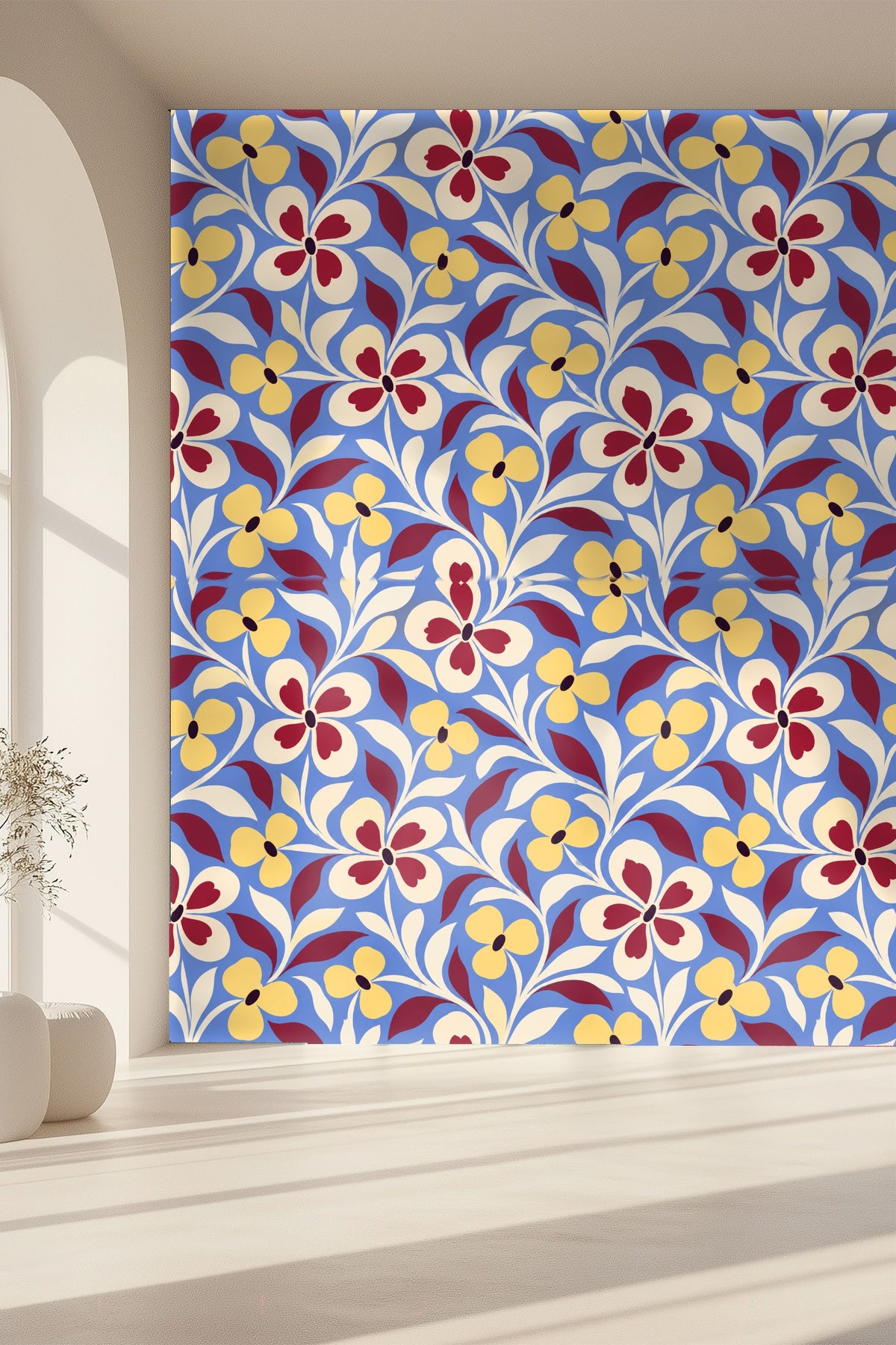 Midcentury Folk Flora wallpaper shown in an interior setting