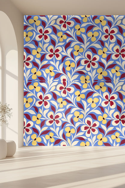 Midcentury Folk Flora wallpaper shown in an interior setting