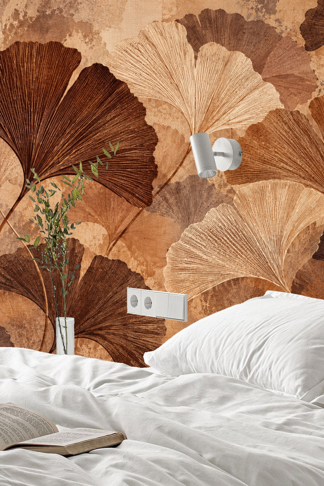 Close-up of Ochre Ginkgo Canopy wallpaper showing detailed textured ginkgo leaves in brown and beige tones