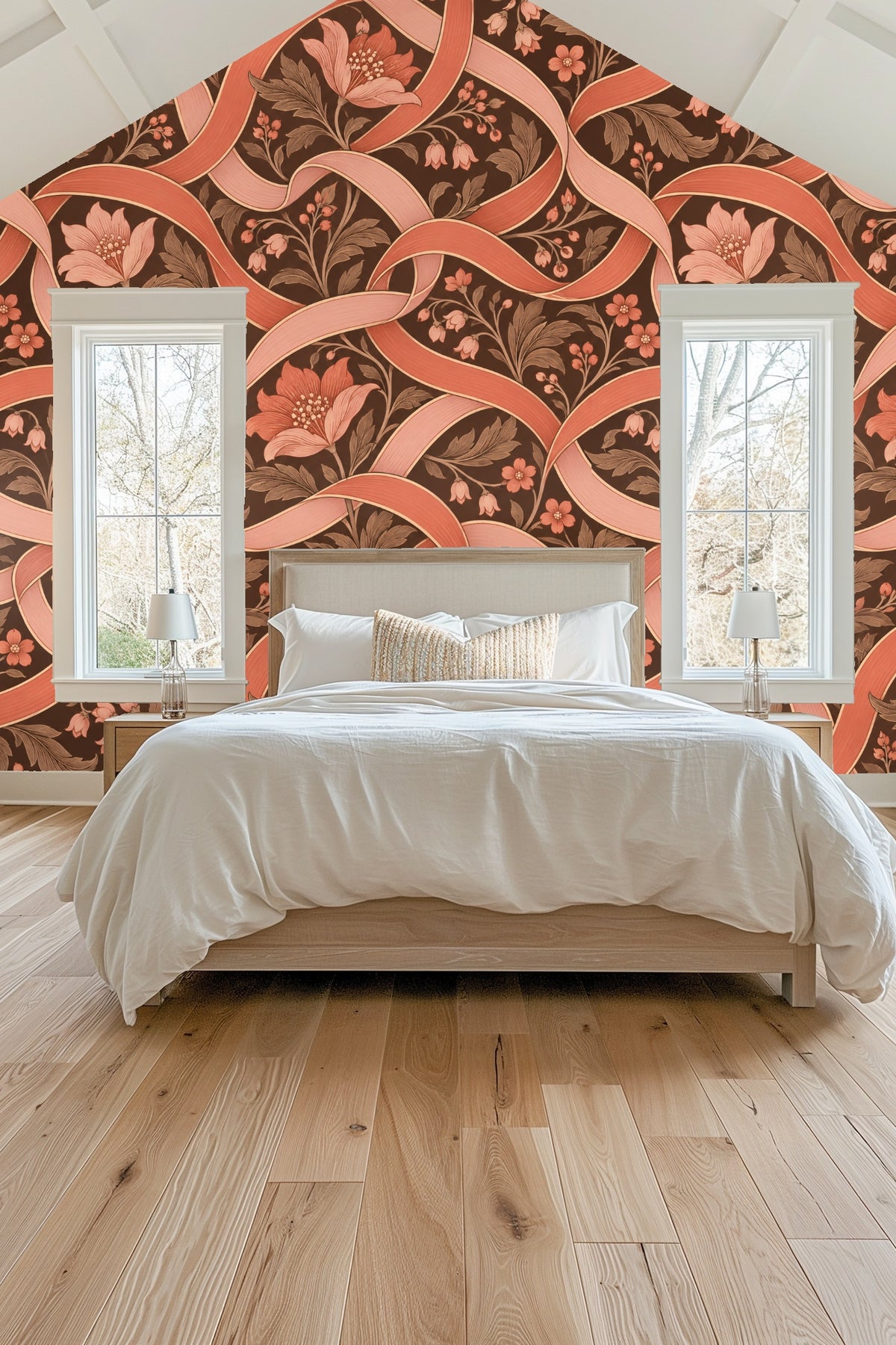 Wallpaper artwork featuring curled coral and blush ribbons weaving through floral motifs on dark brown background