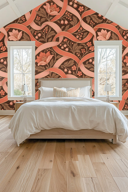 Wallpaper artwork featuring curled coral and blush ribbons weaving through floral motifs on dark brown background