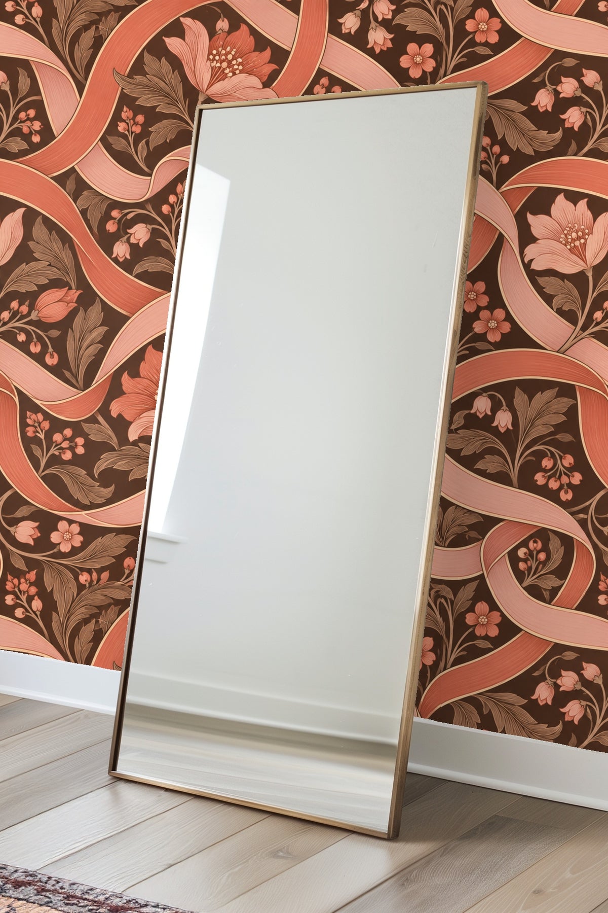 Large-scale curling ribbons and delicate flowers in coral and blush on dark brown base