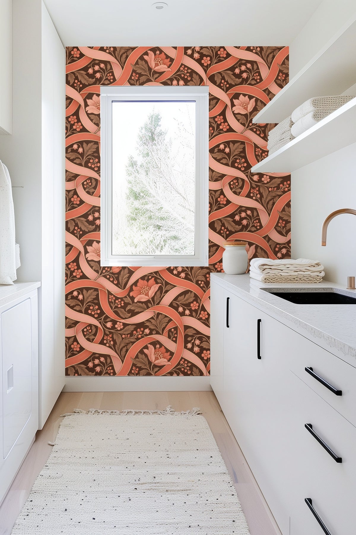Wallpaper pattern showing intertwining ribbons and blooming flowers with soft leaves