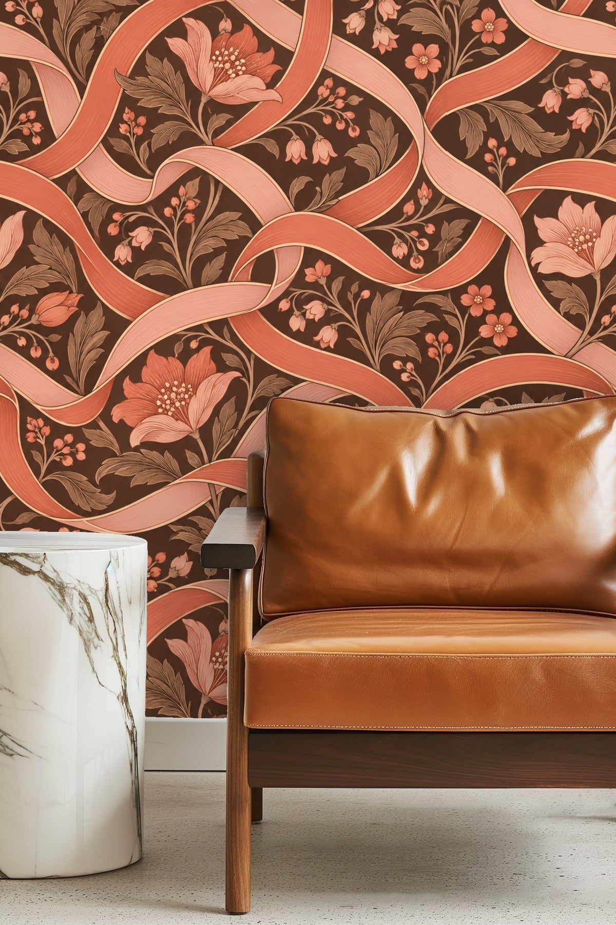 Pattern emphasis on the delicate flower buds and curving ribbons