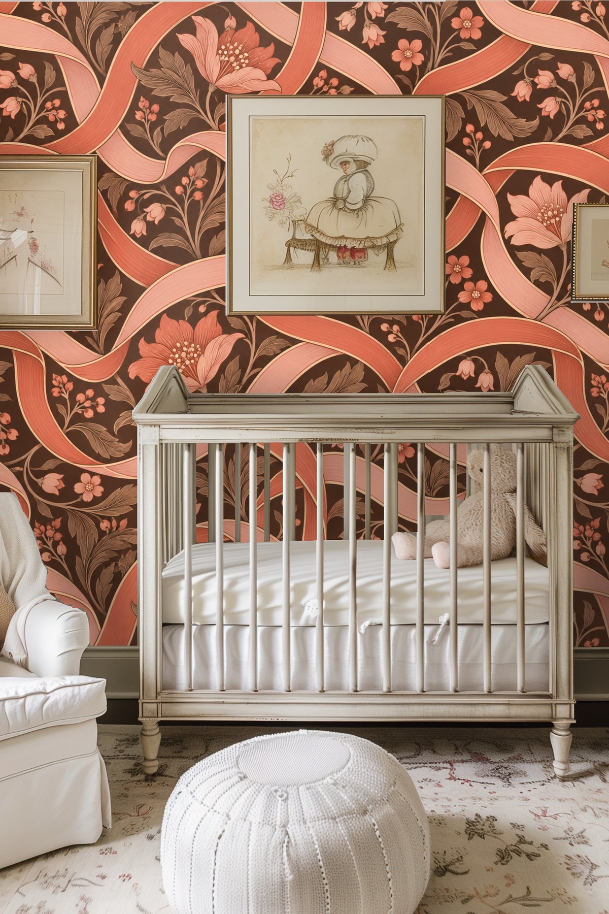 Close-up of floral and ribbon details in coral and pink hues on dark chocolate background