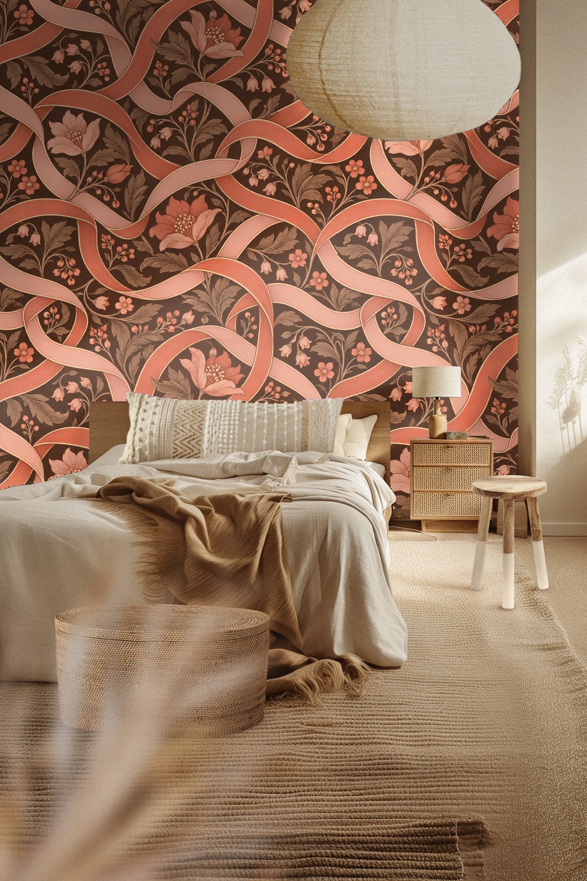 Elegant floral wallpaper pattern with contrast of bright ribbons and muted foliage