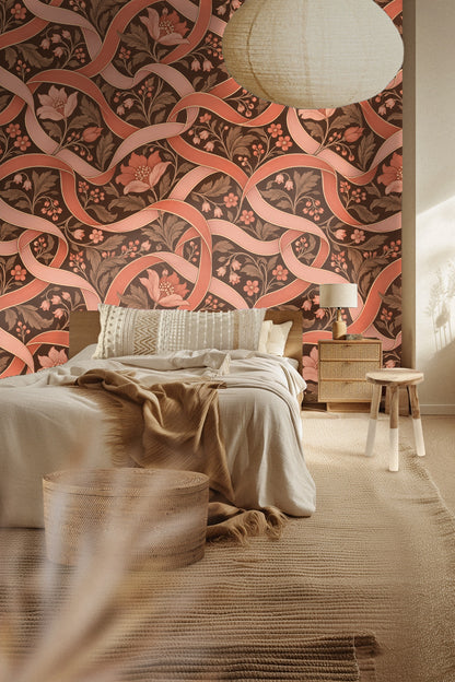 Elegant floral wallpaper pattern with contrast of bright ribbons and muted foliage