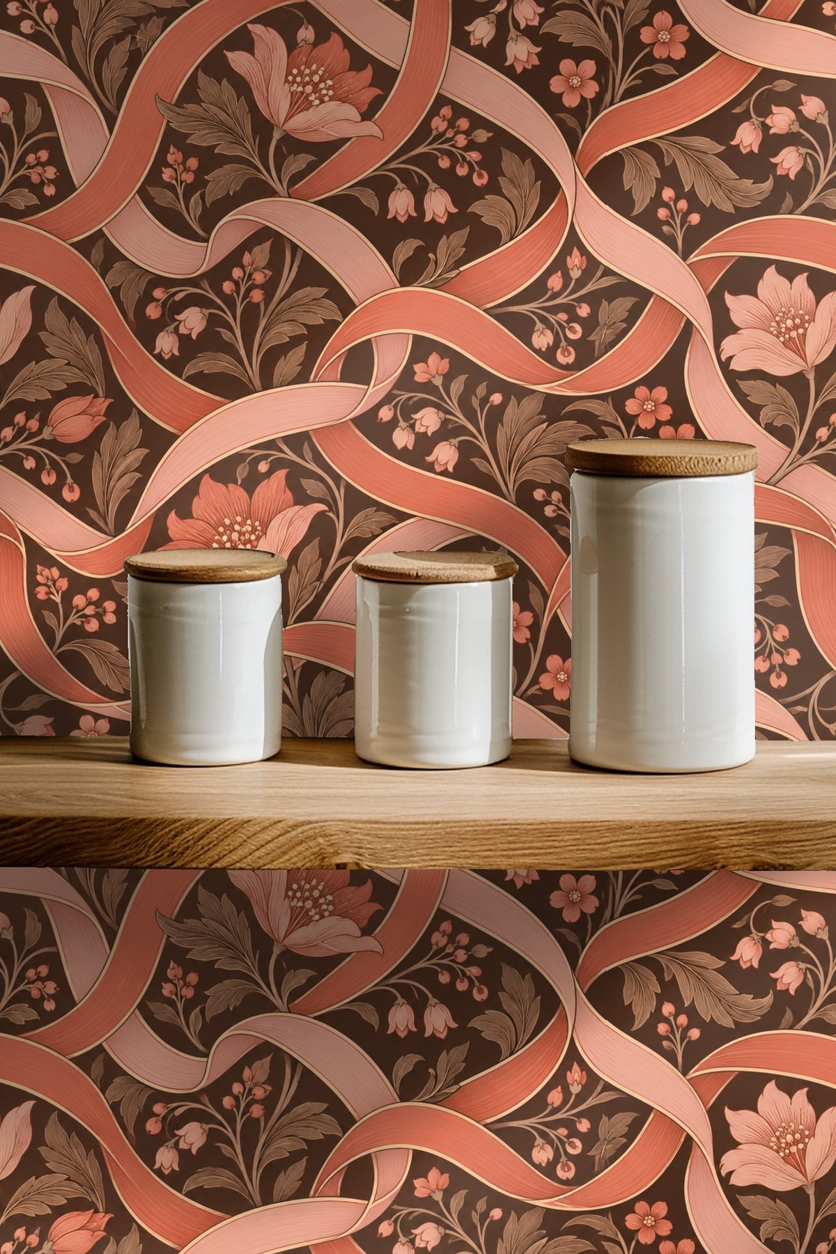 Room interior highlighting the wallpaper's warm palette with coral flowers and dark backdrop