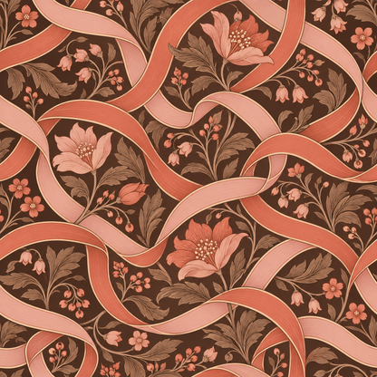 Overall textile-like delicate floral print on deep brown background with coral ribbons