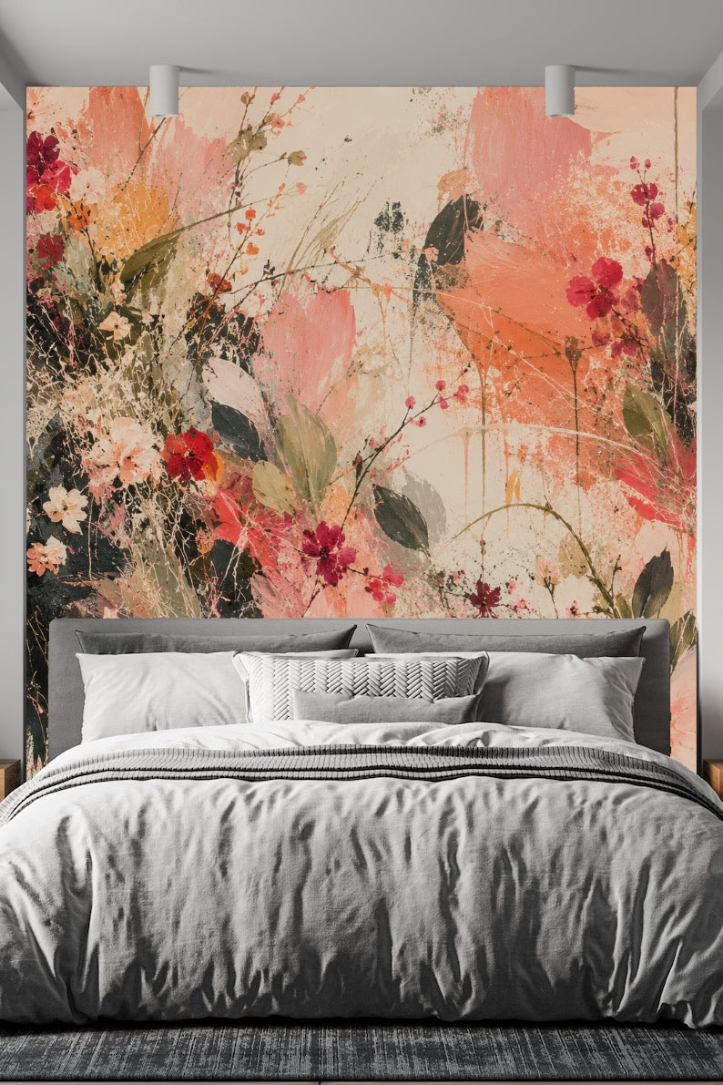 Close-up of abstract floral wallpaper with coral, pink, green, and cream brushstrokes