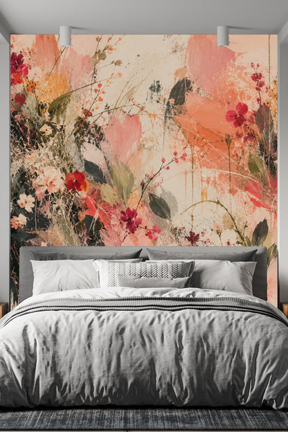 Close-up of abstract floral wallpaper with coral, pink, green, and cream brushstrokes