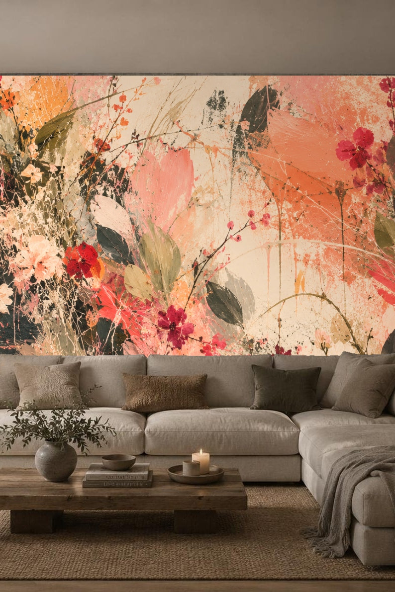 Floral artwork wallpaper with dynamic brush textures and natural motifs