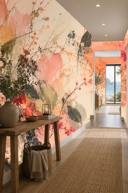 Detail of layered paint splatters and floral forms in warm tones