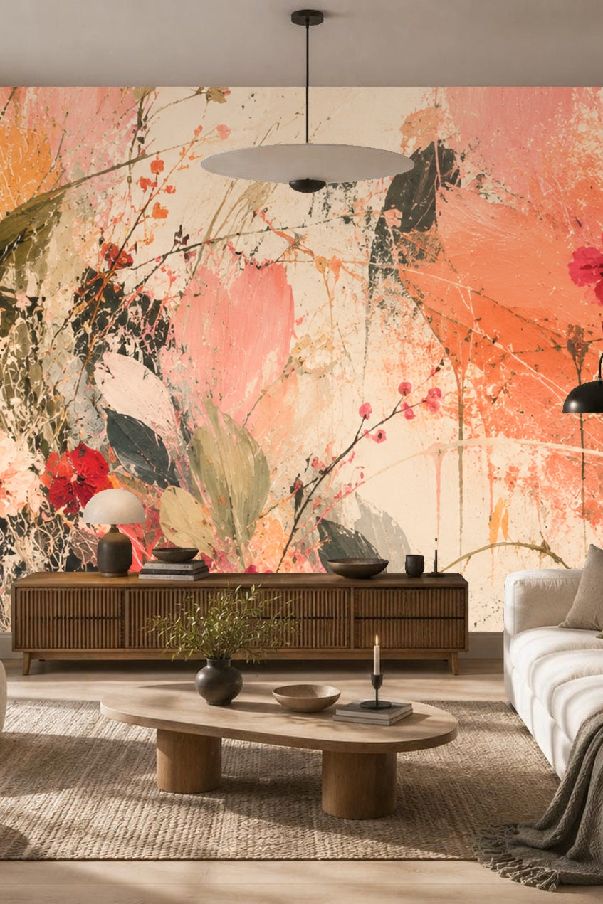 Bedroom featuring Coral Bloom Splash wallpaper behind a gray bed with neutral bedding