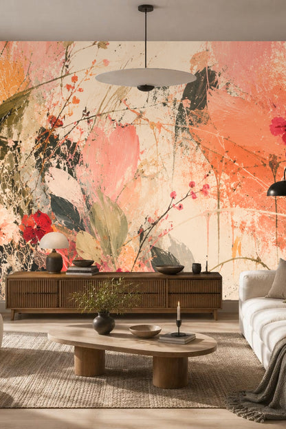 Bedroom featuring Coral Bloom Splash wallpaper behind a gray bed with neutral bedding