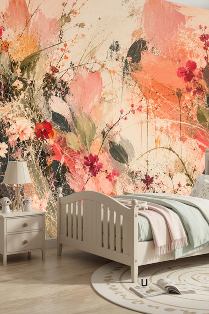 Large scale wallpaper mural with expressive painterly floral bursts