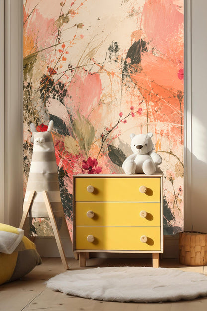 Living room with Coral Bloom Splash wallpaper, wooden media console, and neutral furnishings