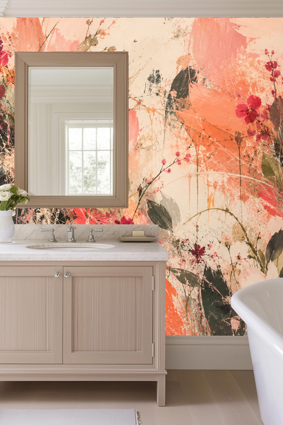 Coral Bloom Splash wallpaper creating a vibrant backdrop behind bedroom furniture