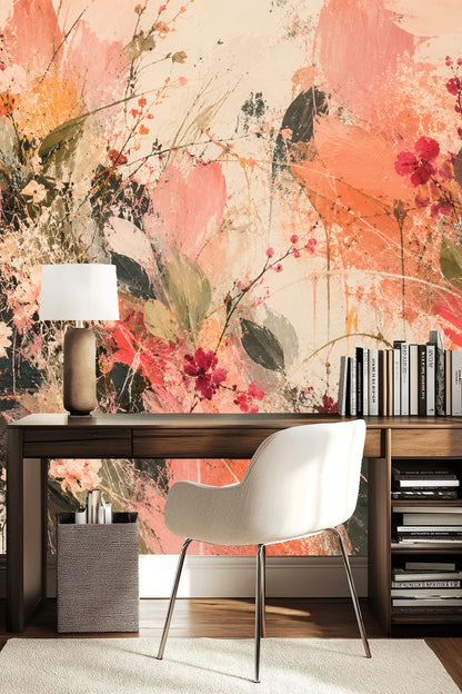 Textured coral and pink floral petals with green leaves on wallpaper