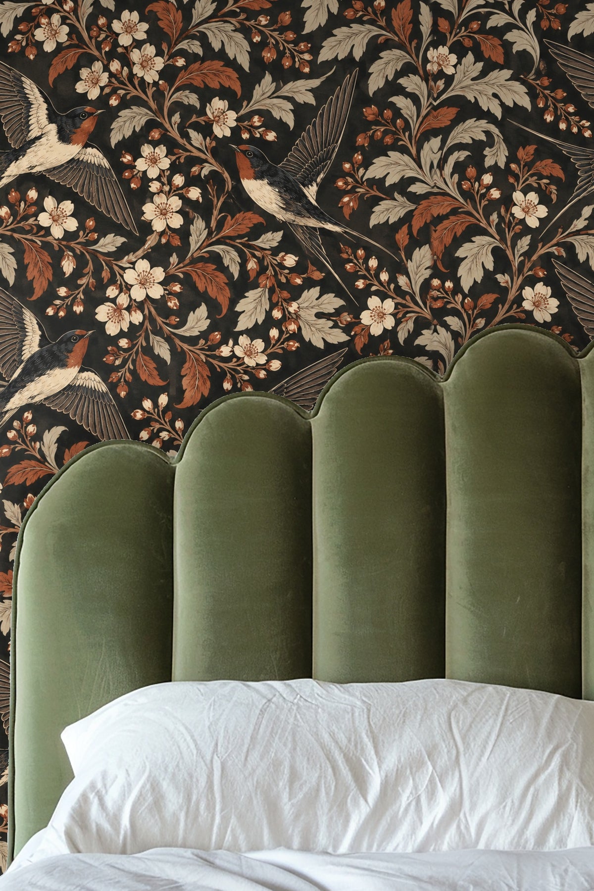 Pattern repeat showing flock of swallows amid curling leaves and buds