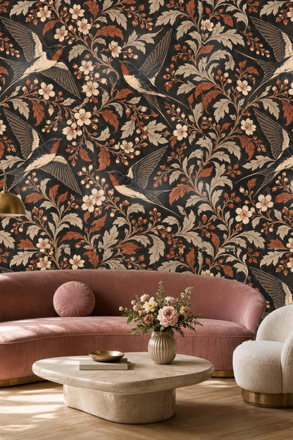 Wallpaper with detailed swallows in flight and autumnal foliage on charcoal background