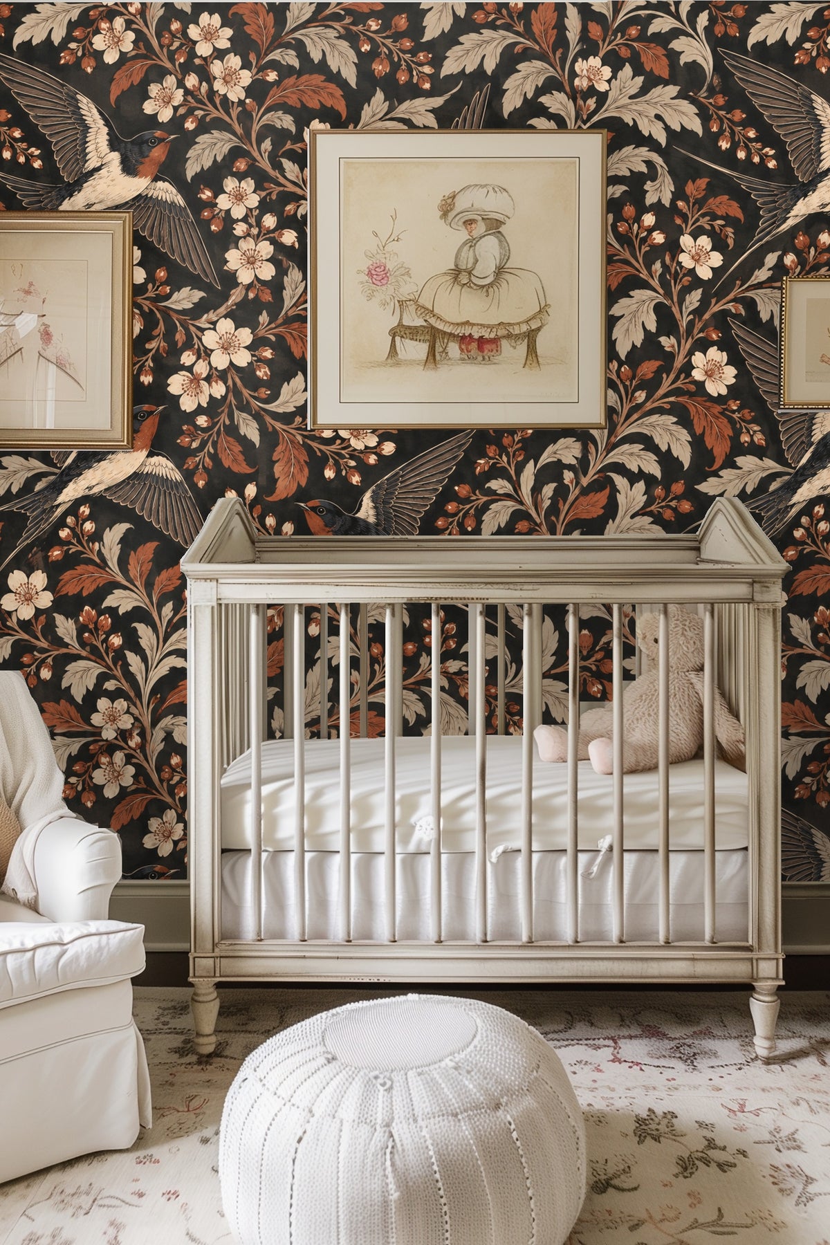 Close-up of mustard yellow headboard against wallpaper with flying swallows and autumn leaves in cream and burnt sienna