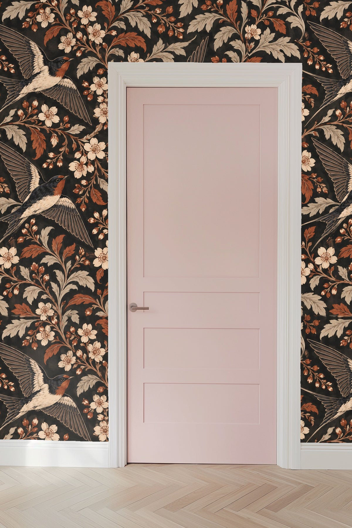 Detailed botanical scroll with cream flowers and burnt sienna leaves on charcoal wallpaper