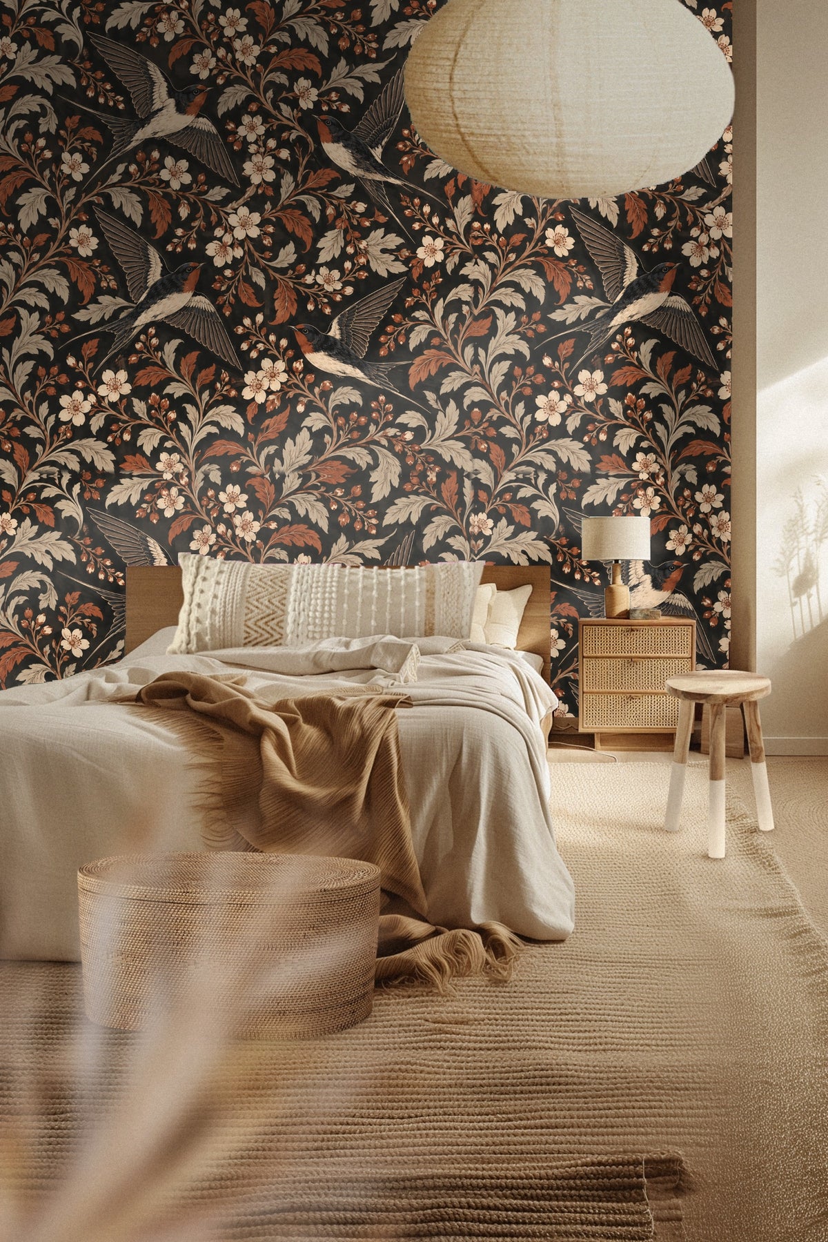 Artistic wallpaper design balancing classic bird motifs with warm autumn colors