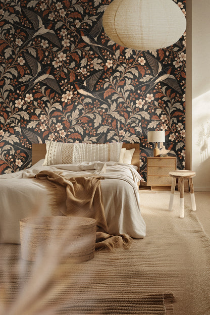 Artistic wallpaper design balancing classic bird motifs with warm autumn colors