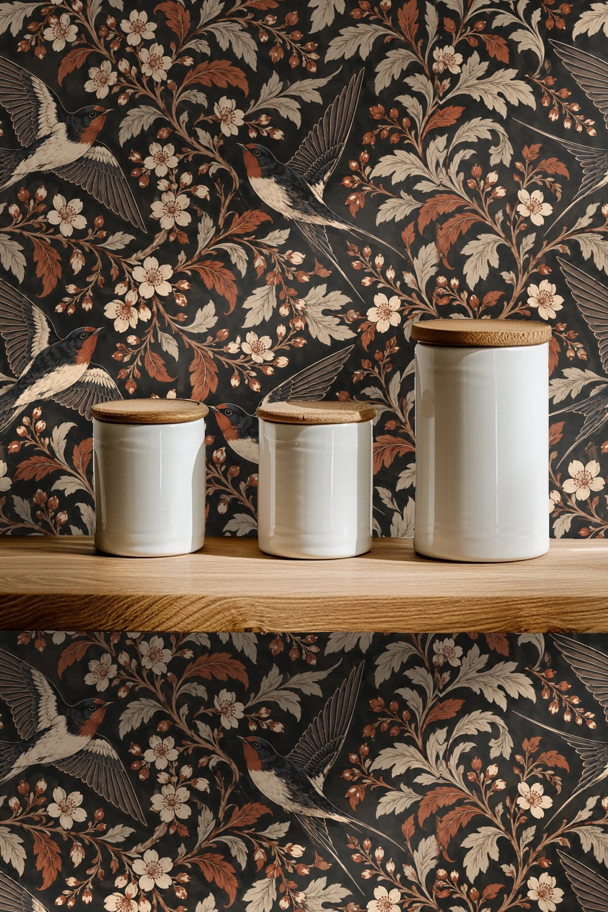 Swallows and floral motifs displaying intricate line work and natural tones