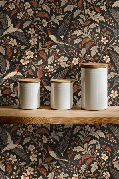 Swallows and floral motifs displaying intricate line work and natural tones