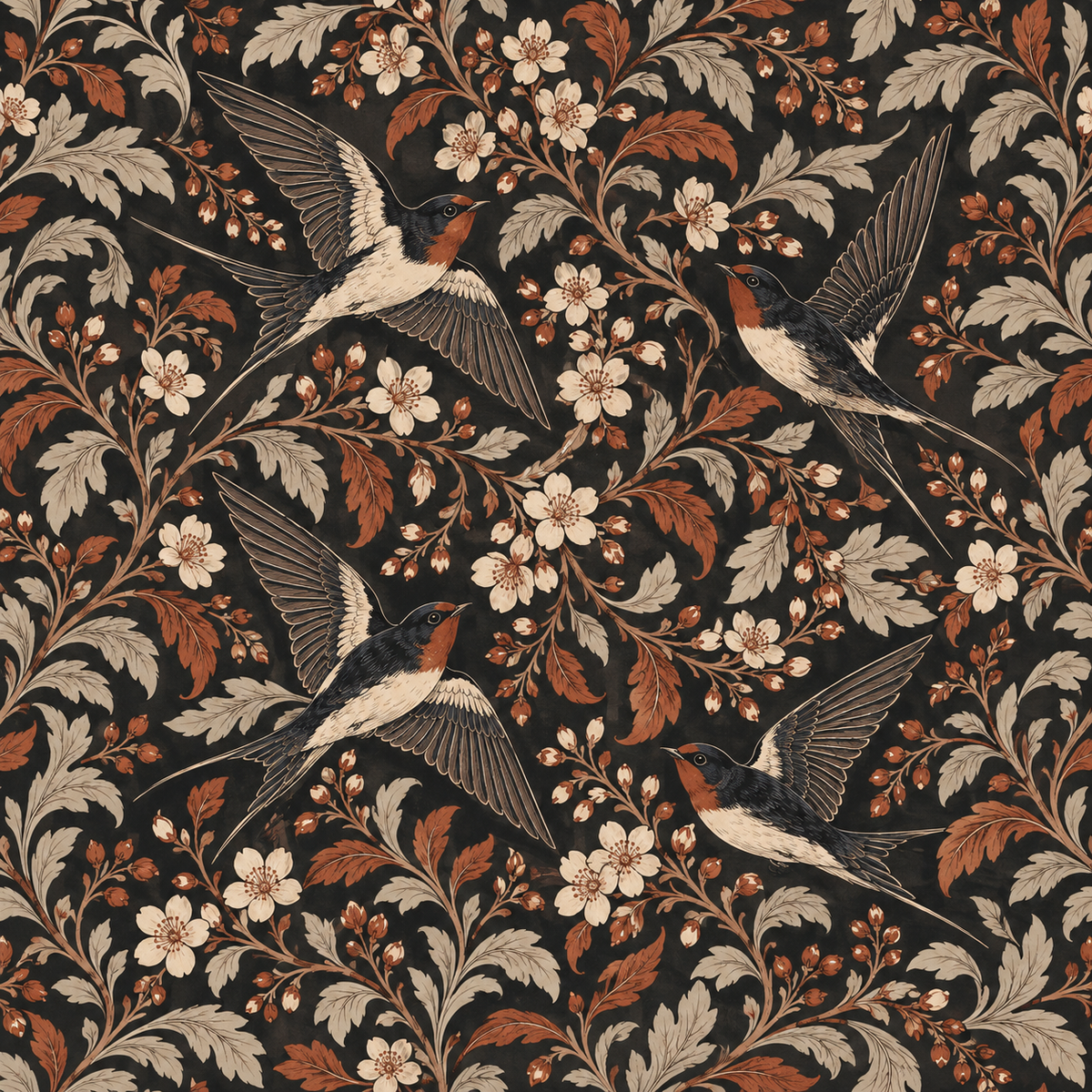 Dark charcoal wallpaper backdrop with naturalistic bird and foliage illustrations