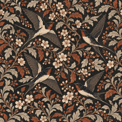 Dark charcoal wallpaper backdrop with naturalistic bird and foliage illustrations