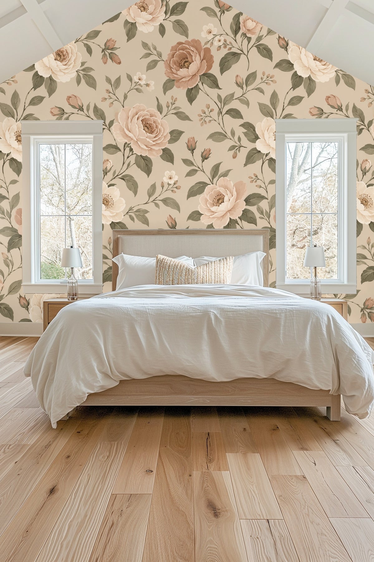 Detail of large floral blossoms with layered petals and delicate buds on Blush Reverie wallpaper