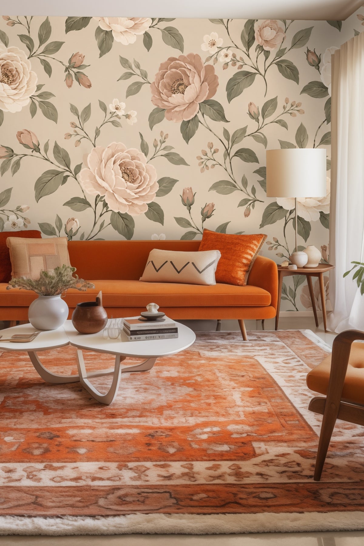 Entryway featuring Blush Reverie wallpaper behind a woven textured cabinet with framed abstract art and neutral lamp