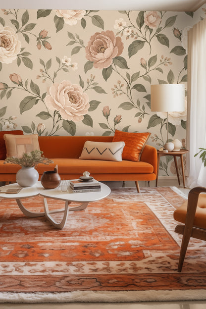 Entryway featuring Blush Reverie wallpaper behind a woven textured cabinet with framed abstract art and neutral lamp