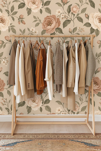 Side view of light-filled living room wall fully covered in Blush Reverie wallpaper