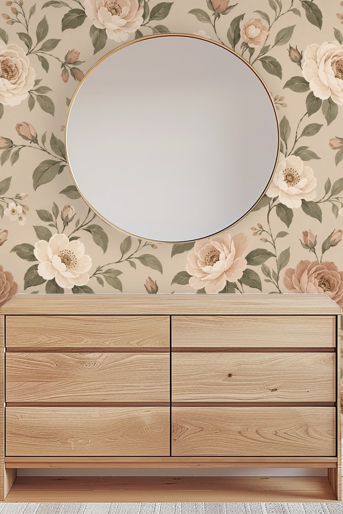 Muted olive green leaves and small cream blossoms decorating wall surface