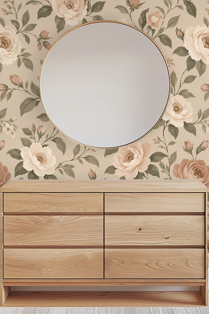 Muted olive green leaves and small cream blossoms decorating wall surface