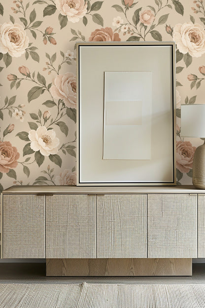 Close-up of Blush Reverie original floral wallpaper artwork featuring peach and cream flowers with olive green leaves on beige background