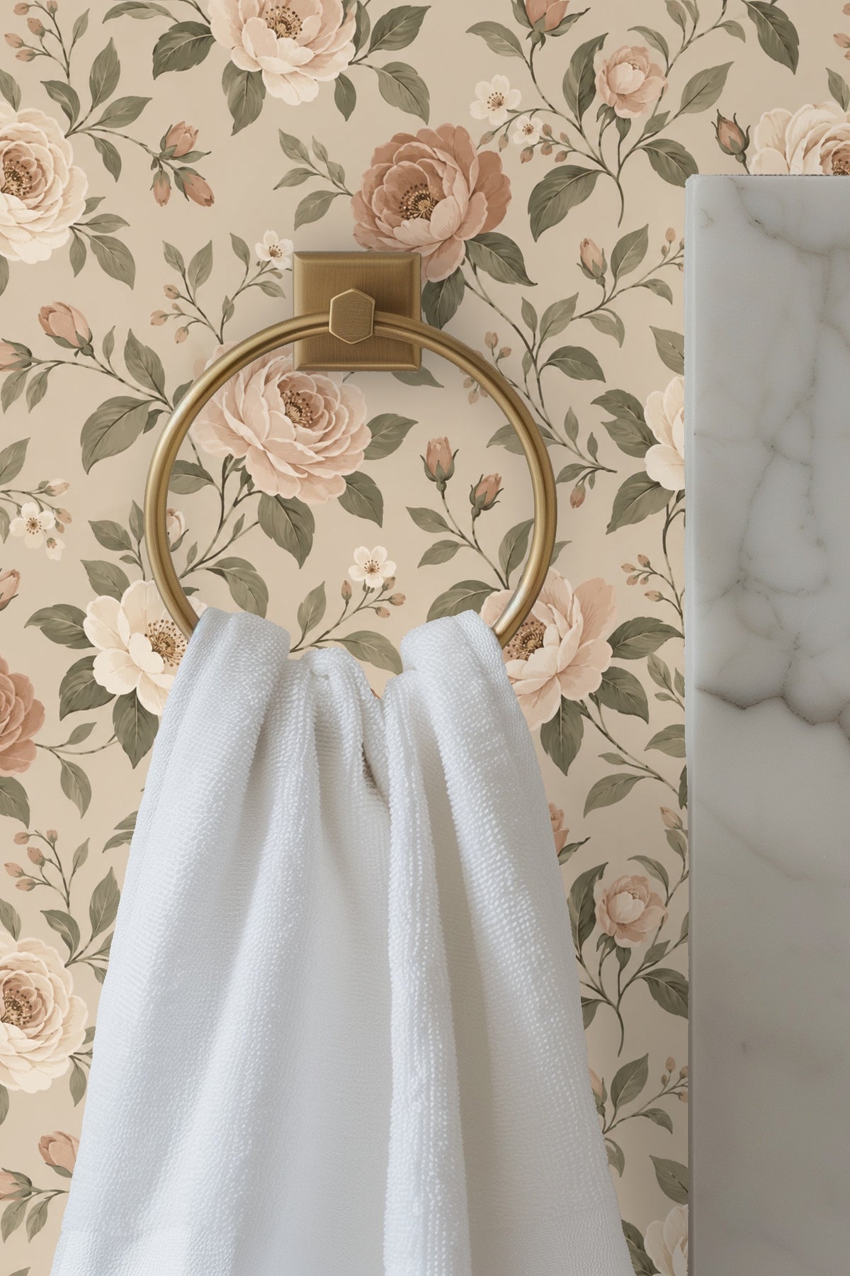 Artfully styled vignette highlighting floral pattern scale and leaf details on wallpaper