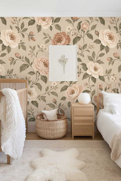 Elegant flower bud clusters and intertwining stems on wallpaper pattern