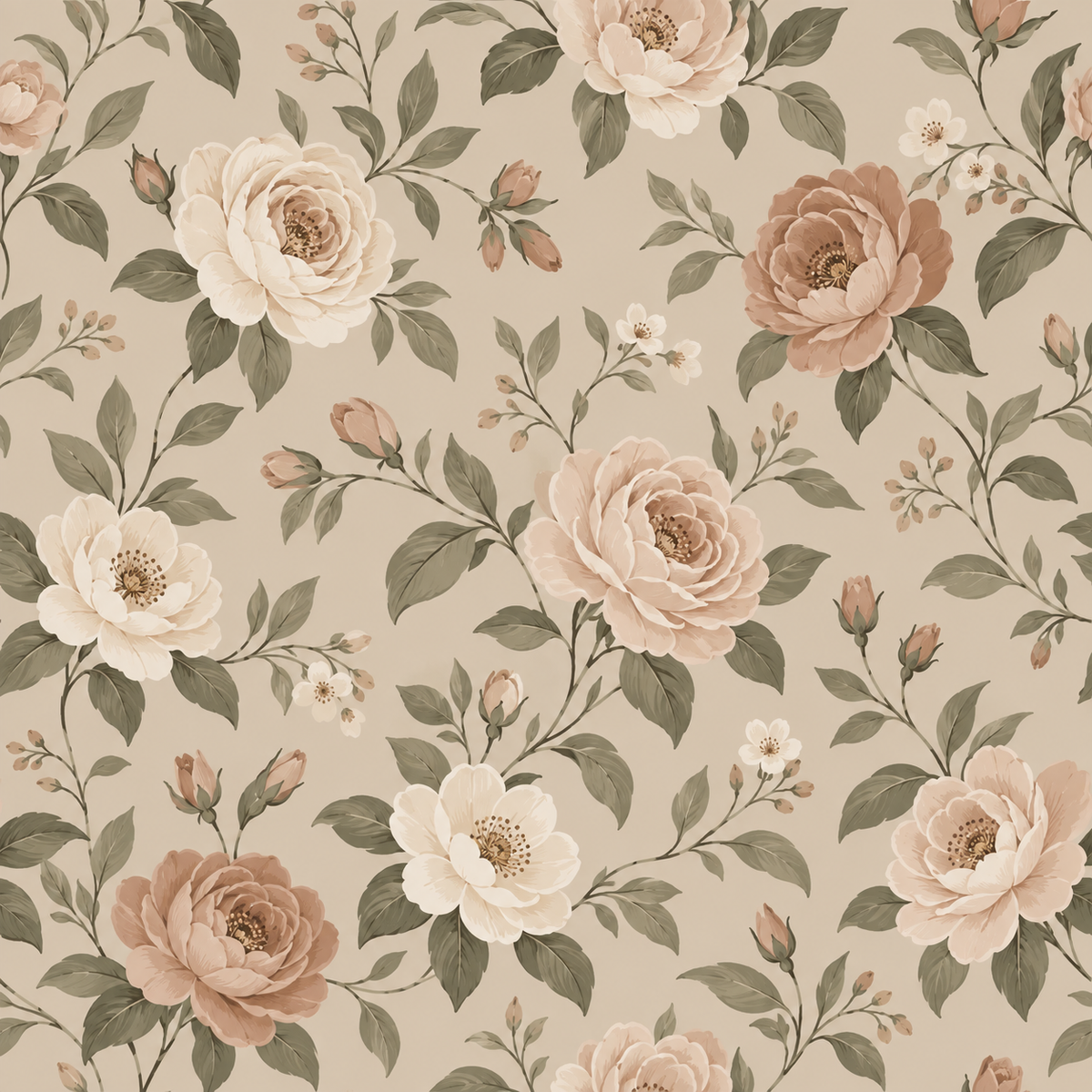 Pattern repeat demonstration showing soft melding of floral elements in rhythmic layout