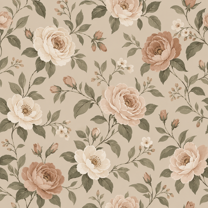 Pattern repeat demonstration showing soft melding of floral elements in rhythmic layout